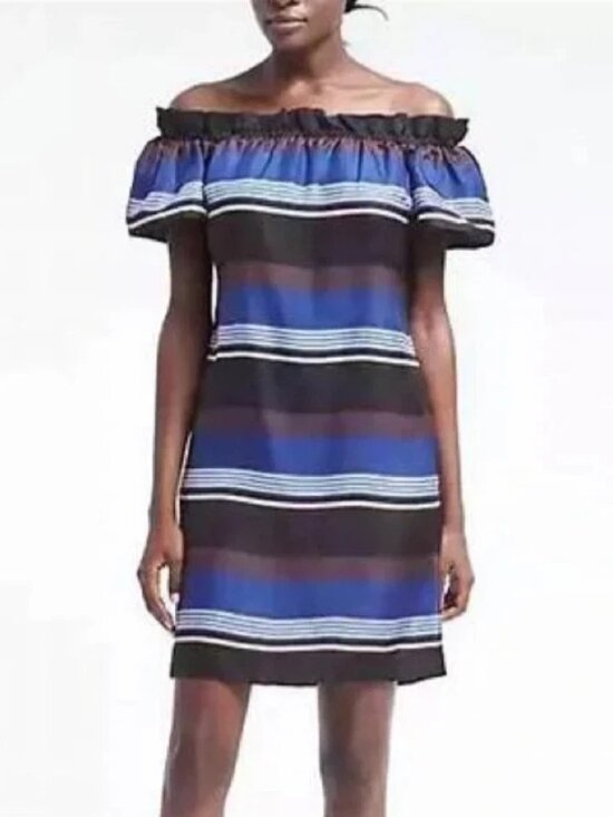 Banana Republic Dresses & Skirts - Banana Republic Silk Stripe Off The Shoulder Shift Dress Womens S Lined Pockets